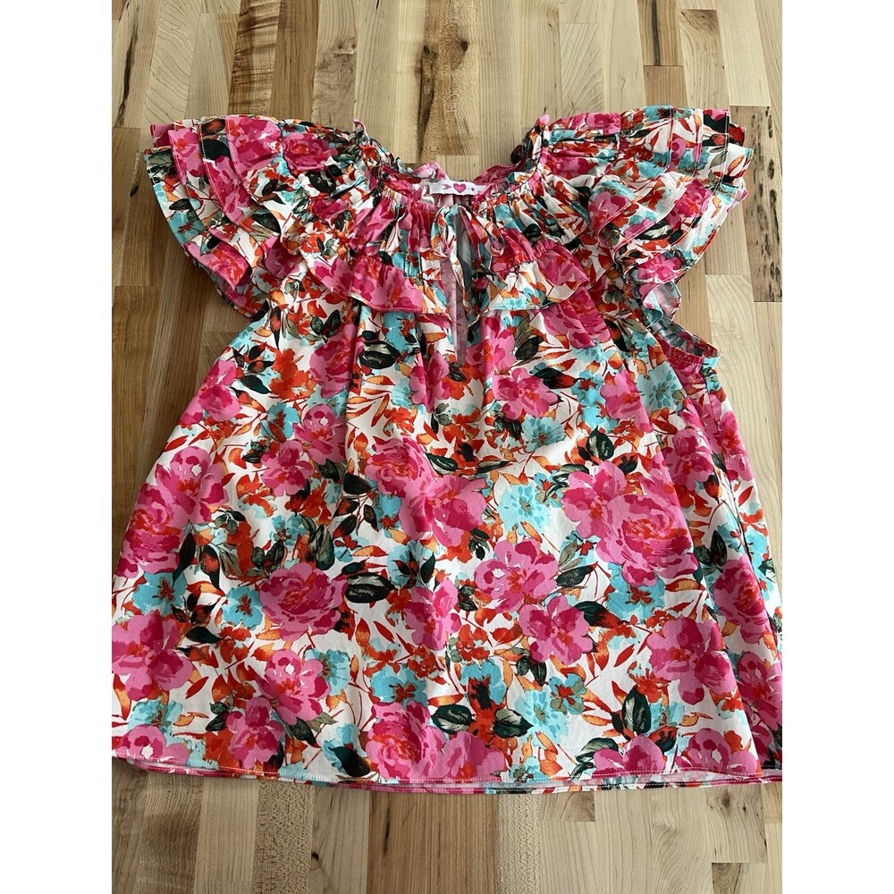 Women's Short Sleeve Ruffle Top Blouse Pink Watercolor Floral Romantic Medium